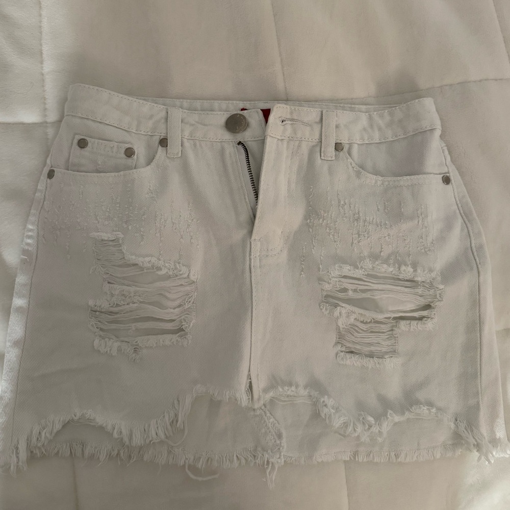 White mini denim skirt